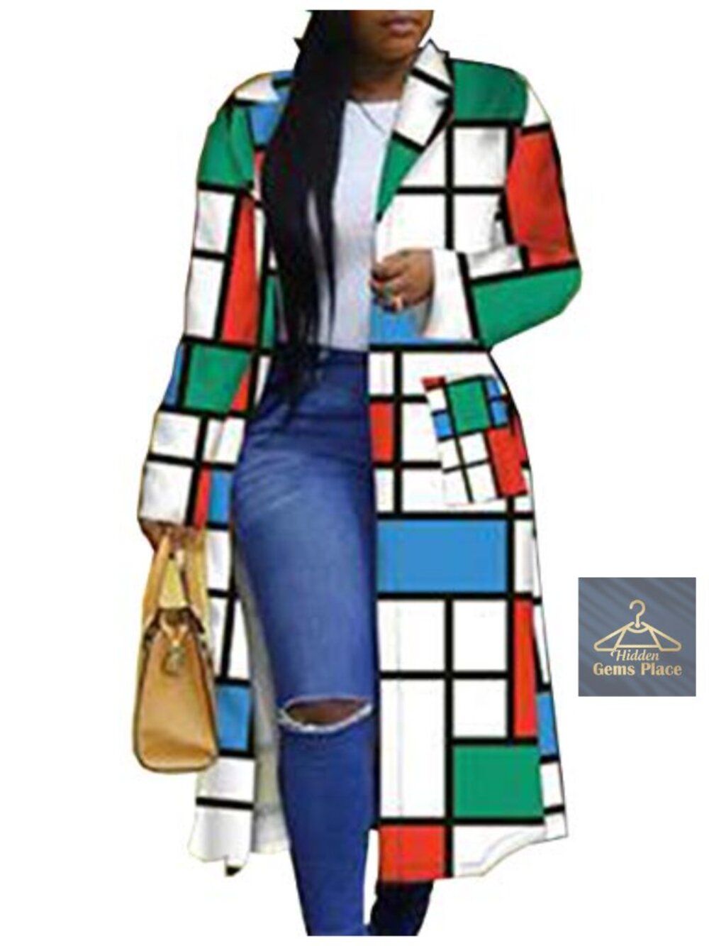 Women's Geo Print Double Breasted Trench Coat Long Sleeve Lightweight Cotton